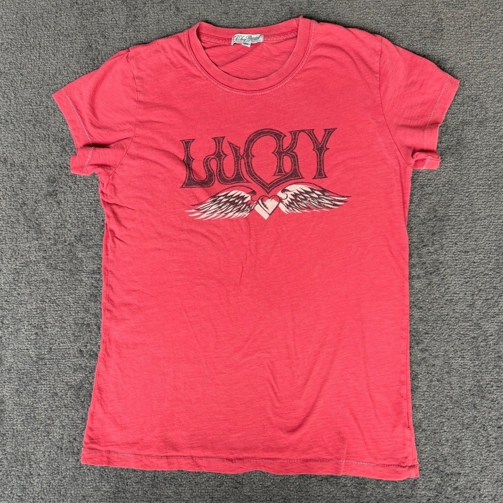 Lucky Brand Womens Pink Red Winged Heart Graphic Tee Shirt Size M Made in USA